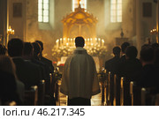 A minister stands before a congregation in Grand Christian Church, guiding them through a heartfelt prayer, illuminated by soft candlelight and floral arrangements. Стоковое AI-изображение, AI-художник Sergey Grishin / Фотобанк Лори