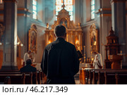 A minister leads a worship service at Grand Christian Church, guiding the congregation in prayer and reflection during a serene evening. Стоковое AI-изображение, AI-художник Sergey Grishin / Фотобанк Лори