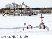 Республика Татарстан. Нефтяные станки-качалки и вентиль кустовой насосной станции. Стоковое фото, фотограф Егор Алеев / ТАСС / Фотобанк Лори