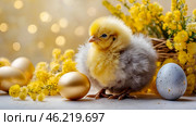 The concept of a bright Easter holiday. Delicate Easter eggs, yellow chickens, chicken and daffodil flowers on a pastel watercolor background with delicate veins. Стоковое AI-изображение, AI-художник Photojuli / Фотобанк Лори