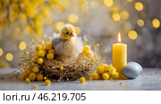 The concept of a bright Easter holiday. Delicate Easter eggs, yellow chickens, chicken and daffodil flowers on a pastel watercolor background with delicate veins. Стоковое AI-изображение, AI-художник Photojuli / Фотобанк Лори