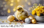 The concept of a bright Easter holiday. Delicate Easter eggs, yellow chickens, chicken and daffodil flowers on a pastel watercolor background with delicate veins. Стоковое AI-изображение, AI-художник Photojuli / Фотобанк Лори