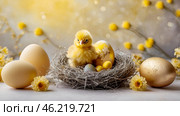 The concept of a bright Easter holiday. Delicate Easter eggs, yellow chickens, chicken and daffodil flowers on a pastel watercolor background with delicate veins. Стоковое AI-изображение, AI-художник Photojuli / Фотобанк Лори