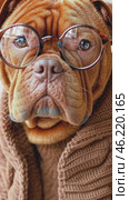 Intellectual dogue de bordeaux wearing glasses and brown sweater posing on white background. Стоковое AI-видео, аниматор Юрий Поздников / Фотобанк Лори
