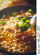 Spoon lifting instant noodles with chopped green onions from bowl. Стоковое AI-изображение, AI-художник Юрий Поздников / Фотобанк Лори