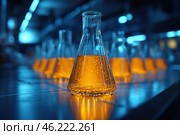 A laboratory with a row of glass flasks filled with a bright orange liquid that glows in the dark. The central flask stands out in sharp focus, while the others gradually blur into the background, creating a sense of depth. The blue laboratory lighting emphasizes the high-tech and futuristic atmosphere. The liquid in the flask contains small bubbles, which may indicate a chemical reaction or a filtration process. This image conveys a sense of science, innovation, and experimentation. Стоковое AI-изображение, AI-художник Анна Кривицкая / Фотобанк Лори