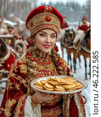 A beautiful girl in national dress treats with pancakes on Maslenitsa. Maslenitsa week. Стоковое AI-изображение, AI-художник Сергей Елизарьев / Фотобанк Лори