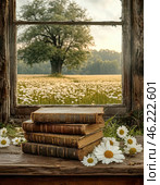 Old worn books lie in a pile on the table in front of the window, summer landscape. Стоковое AI-изображение, AI-художник Сергей Елизарьев / Фотобанк Лори