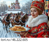 A beautiful girl in national dress treats with pancakes on Maslenitsa. Maslenitsa week. Стоковое AI-изображение, AI-художник Сергей Елизарьев / Фотобанк Лори