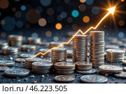 Стопки монет с восходящим графиком на темном фоне с боке. Стоковое AI-изображение, AI-художник Валерий Лукин / Фотобанк Лори