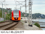 Электричка "Ласточка" Siemens Desiro RUS на побережье Черного моря. Мацеста. Сочи. (2021 год) Редакционное фото, фотограф Юлия Кутыгина / Фотобанк Лори