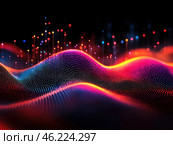 An abstract composition depicting dynamic waves covered with light dots. The color palette includes red, blue, purple and yellow shades, creating bright contrasts. These dots are reminiscent of elements of digital or sound visualization, which gives the image a modern, technological look. Стоковое AI-изображение, AI-художник Анна Кривицкая / Фотобанк Лори