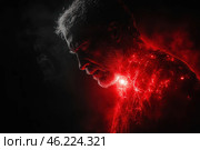 A person in a dark environment whose body is irradiated with a bright red light, as if their insides or energy are emitting bright streams of light. The radiation looks like traces of lightning, which gives drama and a strong visual impact. The person's face in profile expresses tension, and smoke is visible around the body. Стоковое AI-изображение, AI-художник Анна Кривицкая / Фотобанк Лори
