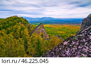 the endless Ural Taiga among the mountains and ridges on a summer day. Стоковое фото, фотограф Акиньшин Владимир / Фотобанк Лори