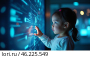 A Young Child Exploring Interactive Technology at a Science Center During the Day, Fascinated by Digital Displays and Glowing Graphics. Стоковое AI-изображение, AI-художник Sergey Grishin / Фотобанк Лори