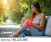Woman Sitting on a Bench Along a Quiet Road, Experiencing Discomfort in Her Knee During a Sunny Afternoon. Стоковое AI-изображение, AI-художник Sergey Grishin / Фотобанк Лори