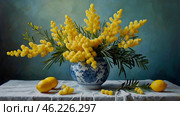 The image was created using artificial intelligence. A bouquet of mimosa in a turquoise vase on a turquoise background. The concept of home comfort. The concept of spring at home and International Women's Day. March 8th. Стоковое AI-изображение, AI-художник Photojuli / Фотобанк Лори
