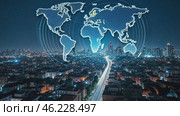 City skyline is lit up at night with a blue globe in the center. Стоковое AI-видео, аниматор Sergey Grishin / Фотобанк Лори
