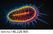 one bacteriao of Mycoplasma pheumoniama. Microscopic View Reveals Vibrant Details of a Bacterium in Captivating Color at the Cellular Scale. Стоковое AI-изображение, AI-художник Оксана Медведева / Фотобанк Лори