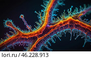 one bacteriao of Mycoplasma pheumoniama. Microscopic View Reveals Vibrant Details of a Bacterium in Captivating Color at the Cellular Scale. Стоковое AI-изображение, AI-художник Оксана Медведева / Фотобанк Лори