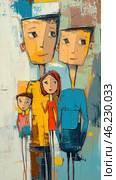 An abstract family of four, done in the style of expressionism with elements of cubism. The figures of the characters are elongated and angular, with large square heads and expressive eyes. The color scheme consists of warm yellow, orange and blue shades, creating a harmonious, but emotionally rich atmosphere. The painting conveys a sense of unity and family closeness, despite the abstract forms. The background is done in muted tones with textured brushstrokes, emphasizing artistic expressiveness. Стоковое AI-изображение, AI-художник Анна Кривицкая / Фотобанк Лори