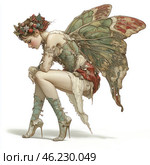 A graceful fairy in an aged, vintage outfit with wings reminiscent of old paper or autumn leaves. Her clothes are made in muted green, red and beige shades, decorated with lace and decorative elements. The image of the fairy is complemented by a wreath of berries and leaves, and her high-heeled ankle boots are decorated with ribbons and stars. She sits with her head bowed, as if she is thinking or tired. The picture is made in the style of a vintage illustration, with the effect of old paper and light strokes that create the atmosphere of a magical world. Стоковое AI-изображение, AI-художник Анна Кривицкая / Фотобанк Лори