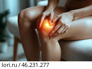 Knee pain, joint inflammation, arthritis and degenerative changes, woman suffering from leg ache and doing self-massage. Стоковое AI-изображение, AI-художник Станислав Тарко / Фотобанк Лори