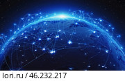 An illustrated image of a planet shrouded in the World Wide Web. The Internet is spreading all over the world. Стоковое AI-изображение, AI-художник Антон Слабоспицкий / Фотобанк Лори