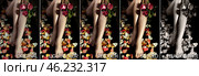 Lovely lady legs with roses flowers before and after retouching by photo editors. Collage set image of before and after classy skin processing. Edited photos being compared concept. Copy ad text space. Стоковое фото, фотограф Aleksandr Golubev / Фотобанк Лори