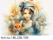An artistic watercolor illustration of a girl with a kind and mysterious look, surrounded by forest animals. She wears a light blue hat with mechanical elements or a flashlight, which gives her image a light shade of adventure. Around her are watercolor splashes and soft transitions of shades of blue, orange and gold. In the front, a close-up of a red rodent, probably a hamster or a mouse, with a curious expression on its face is depicted. In the background, silhouettes of other animals such as a fox, hares and other small creatures can be guessed. The picture conveys an atmosphere of friendship, fantasy and harmony with nature. Стоковое AI-изображение, AI-художник Анна Кривицкая / Фотобанк Лори