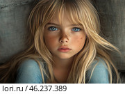 A girl with long blond hair and expressive blue eyes. Her face is lightly freckled and slightly dusty, which gives the image a natural and warm look. Her hair is slightly tousled, and her gaze is penetrating, deep and thoughtful. The background is textured, neutral in color, which emphasizes the central object of the photo. The lighting is soft, creating the effect of natural sunlight. The atmosphere of the photo conveys a sense of freedom, nature and childish innocence. Стоковое AI-изображение, AI-художник Анна Кривицкая / Фотобанк Лори
