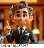 Cartoon character in a business suit. This is a man with gray hair neatly combed back, big friendly eyes and a wide smile. He looks friendly and positive, raising his index finger up, as if he is about to give important advice or share wisdom. His black suit is elegant, complemented by a tie and a white handkerchief in his pocket. On the lapel of his jacket is a round badge with a smiling emoticon. The background is done in warm colors, creating an atmosphere of comfort and professionalism. Стоковое AI-изображение, AI-художник Анна Кривицкая / Фотобанк Лори