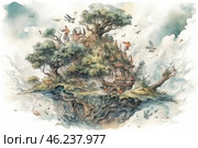 A magical floating island kingdom, immersed in greenery. A castle with high towers and red roofs is surrounded by ancient trees, through the leaves of which the sun's rays flicker. Birds, fairies and magical creatures soar in the air. The roots of the trees intertwine and form bizarre patterns, creating the feeling that the island literally grew out of the clouds. In the distance, small houses are visible, built into the landscape. The picture is made in soft watercolor shades with elements of fantasy. Стоковое AI-изображение, AI-художник Анна Кривицкая / Фотобанк Лори