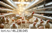 Chickens and chicks explore a poultry farm with nests and natural lighting during the day. Стоковое AI-изображение, AI-художник Сергей Толмачёв / Фотобанк Лори