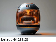 A modern air purifier with a bright, stylish design. It has a rounded shape, with translucent walls and a bright orange light inside. This device is probably designed to improve the quality of indoor air by cleaning it from pollutants, dust and unpleasant odors. Стоковое AI-изображение, AI-художник Анна Кривицкая / Фотобанк Лори