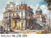 Ancient architecture, executed in the classical Baroque style. We see majestic buildings with luxurious facades, decorated with ornate ornaments and balconies with wrought iron bars. Around the buildings there is a cozy street with passers-by, strolling people and children, as well as bicycles and street lamps. In the background, domes of churches or cathedrals are visible, which gives the image the atmosphere of an ancient city. All elements of the picture are executed in soft pastel colors with details, which creates an atmosphere of tranquility and historical charm. Стоковое AI-изображение, AI-художник Анна Кривицкая / Фотобанк Лори