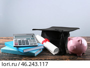 Mortar board, books, calculator, diploma and piggy bank on table. Fee-paying education concept. Стоковое фото, фотограф Pixel_shot / Фотобанк Лори