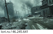 A scene from the apocalypse with snow-covered streets of an abandoned city with wrecked cars. AI-generated item. Стоковое AI-видео, аниматор Алексей Кузнецов / Фотобанк Лори