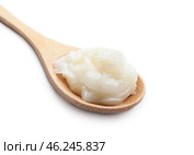Spoon with lard on white background. Стоковое фото, фотограф Pixel_shot / Фотобанк Лори