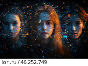 Three female faces intertwined with digital glowing networks, creating the feeling of a neural network or cyberspace. The central figure stands out thanks to the warmer and brighter shades of her hair, while the others appear slightly darkened, immersed in a network of data. The glow and lines create the effect of a connection between personalities, symbolizing digital identity, technology or artificial intelligence. Стоковое AI-изображение, AI-художник Анна Кривицкая / Фотобанк Лори