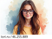 Portrait of a beautiful student with glasses and long hair. The concept of education, college, and school life. Стоковое AI-изображение, AI-художник ketpro.design / Фотобанк Лори