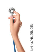 Female hand with medical stethoscope on white background. Стоковое фото, фотограф Pixel_shot / Фотобанк Лори