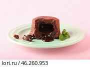 Plate with tasty lava cake fondant and mint on pink background, closeup. Стоковое фото, фотограф Pixel_shot / Фотобанк Лори