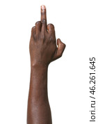 Hand of African-American man showing middle finger on white background. Стоковое фото, фотограф Pixel_shot / Фотобанк Лори