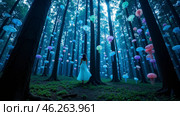 A woman walks through a forest filled with colorful umbrellas. Стоковое AI-изображение, AI-художник Виктория Кольцова / Фотобанк Лори