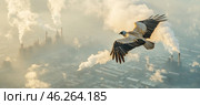 Griffon vulture flying over industrial smokestacks air pollution concept. Стоковое AI-изображение, AI-художник Юрий Поздников / Фотобанк Лори