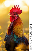 Colorful rooster crowing at sunrise in a field. Стоковое AI-изображение, AI-художник Юрий Поздников / Фотобанк Лори