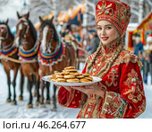 A beautiful girl in national dress treats with pancakes on Maslenitsa. Maslenitsa week. Стоковое AI-изображение, AI-художник Сергей Елизарьев / Фотобанк Лори