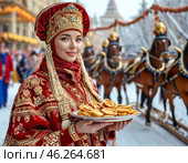 A beautiful girl in national dress treats with pancakes on Maslenitsa. Maslenitsa week. Стоковое AI-изображение, AI-художник Сергей Елизарьев / Фотобанк Лори