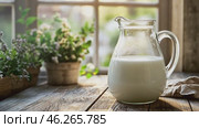 Fresh milk in glass jug on wooden table by window. Стоковое AI-видео, аниматор Юрий Поздников / Фотобанк Лори
